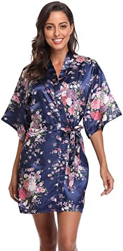 season dressing Floral Satin Kimono Robes Short Bridesmaid Robe for Parties Wedding Robes, Navy X-Large