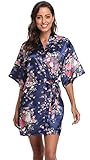 season dressing Floral Satin Kimono Robes Short Bridesmaid Robe for Parties Wedding Robes, Navy X-La
