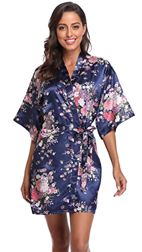 Season Dressing Floral Satin Kimono Robes Short Bridesmaid Robe For Parties Wedding Robes, Navy X-Large #TOP19