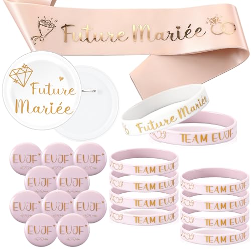 Xinnun 21 Cadeaux pour Future Mariée Comprend 1 Écharpe 10 Badges d'Équipes 10 Bracelets EVJF en Silicone Accessoires de Mariage pour Enterrement de Vie de Jeune Fille(Blanc et Rose)