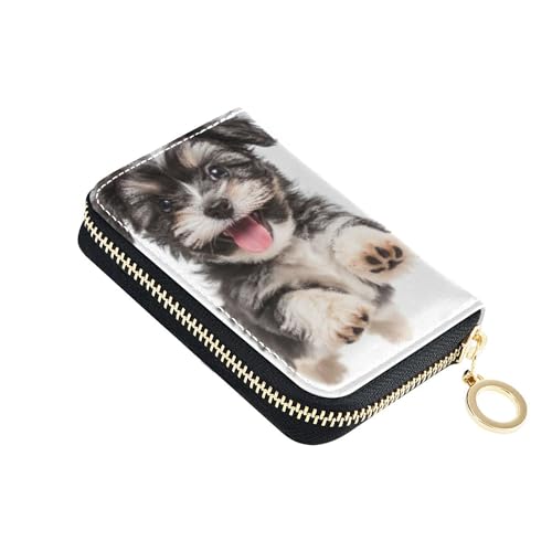 9 Credit Card Slots & 2 Cash Slots Leather Wallet Women Zip Around Zipper Travel Wallet with Key Ring Black White Dog Puppy
