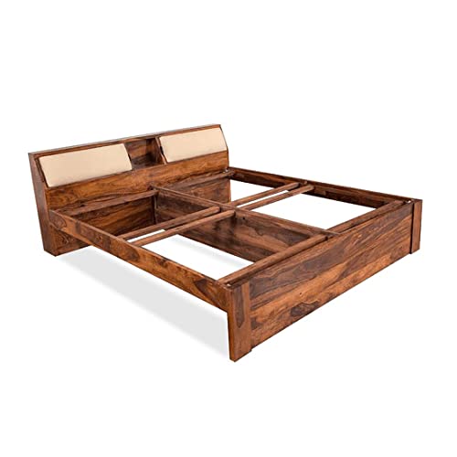 Image of Solid Sheesham Wood Queen Size Bed with Headboard Storage Wooden Double Bed Cot Palang for Bedroom Living Room Home Hotel - Honey Finish | 1 Year Warranty