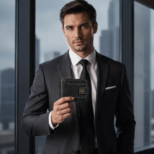 Image of Men Wallet, Vintage PU Leather Multi-Card Zipper Wallet with 8 Card Slots and Coin Pocket Large Capacity Buckle Credit Card Holder Wallet with Zipper (C, Black)