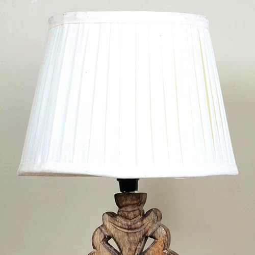 Image of tu casa Mangowood Rustic Brown French Table Lamp for Home Decoration, Bedroom, Living Room, Lounge, Office, Festival Gifting, Study Table (Off White with Satin Shade) H - 21 inch / No Blub