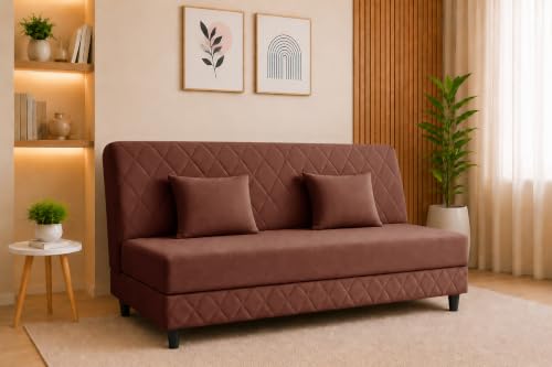 Image of Velvet Fabric Sofa Cum Bed | 3 Seater Sofa Bed | Premium Upholstered Folding Couch for Living Room, Guest Room & Bedroom | Quilted Backrest with 2 Cushions (Brown)