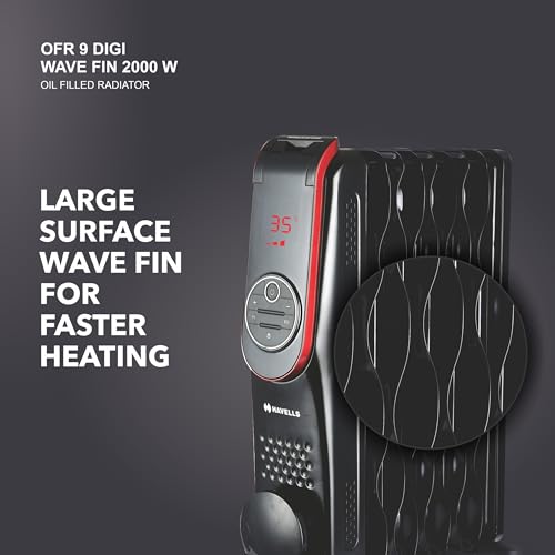 Havells OFR 9 Wave Fin DIGI with 3 Heat Setting, 2000 watt, Automatic digital control of temperature, Overheat Protection with Digital Display (Black)