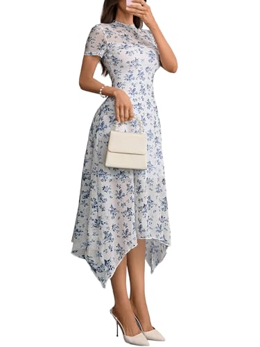 Image of GothDark Women Summer Wedding Guest Floral Mesh Irregular Hem Midi Dress | A-Line, Short Sleeve, Sheer Mesh Overlay, Elegant Vintage Dresses For Party, Semi Formal, Vacation, Dinner, Church
