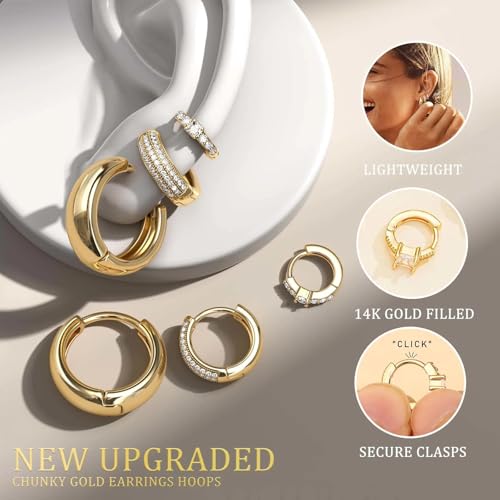 Jootuepo 3 Women's Gold Earrings, Hoop Earring Stacks, Women's Electroplated Copper Hypoallergenic Small Earrings Set, For Multiple Piercing Lightweight (Gold) - 6