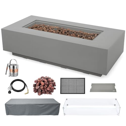 Image of AMS Creations | Madison 60 inch Bundle Rectangular Natural Gas Outdoor Fire Pit Table | Light Gray Concrete GFRC | Smooth Texture or Surface | Electronic Ignition | Outside Backyard Fireplace