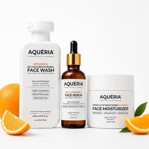 Image of Aqueria 3 Full Size Products Vitamin C Brightening Skincare Combo | De-Tan Face Wash 200ml + 10% Vitamin C Serum 50ml + Super Light Brightening Moisturizer 100g | Niacinamide, Hyaluronic Acid | Glow, Hydration & Even Skin Tone | All Skin Types