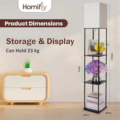 Image of HOMIFLY 4 Tier Metal Floor Lamp with Wooden Shelves /Square Lamp with 3 Adjustable Color Mode /Corner Display Book & Vase Shelf /Standing Night Lamps for Living-Study Room /Bedroom /Home Decor(Black)