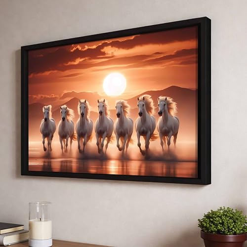 Image of 7 White Running Horses Vastu with Sunrise Framed Wall Art Painting for Living Room | Seven Horse Wall Painting With Frame Symbol of Success Wall Art for Home & Office, 17x23 Inch