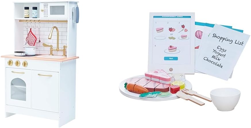 Teamson Kids Boston Farmhouse Play Kitchen & 27-Pc. Wooden Food Tablet Set – Compact Pretend Kitchen with Sink, Oven & Interactive Recipes – Role Play for Toddlers Ages 3+, White/Gold
