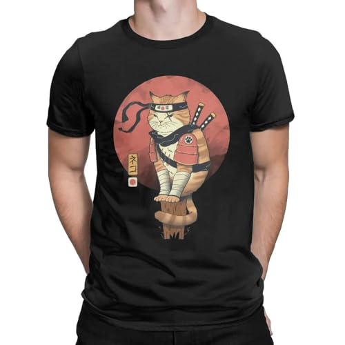 MOTdaNAQ Japanese Style Cat Anime Samurai Sword Men T Shirts Japan Novelty Tees Short Sleeve T-Shirts Cotton Gift Idea Clothing Black 3XL