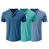 QOAAIE 3 Pack Henley Shirts for Men Short Sleeve Button Cotton T-Shirt with Pocket Fashion Casual Front Placket Tee Shirt (Blue3/Cyan/Blue,L)