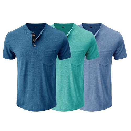 QOAAIE 3 Pack Henley Shirts for Men Short Sleeve Button Cotton T-Shirt with Pocket Fashion Casual Front Placket Tee Shirt (Blue3/Cyan/Blue,L)