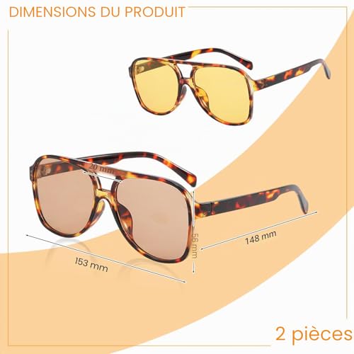 TUONYIS 2 Pièces Lunette de Soleil pour Femmes Hommes,Lunettes de Soleil Rectangulaires Rétro Vision Nocturne,Carrées Vintage à Double Pont Lunettes de Soleil Protection (Léopard jaune, thé léopard) – vue 2
