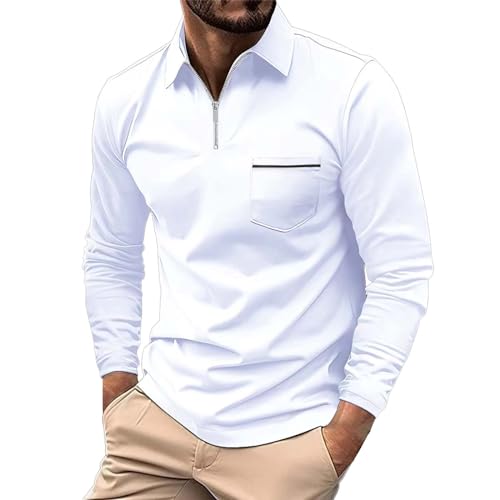 Mens Quarter Zip Polo Shirt Business Office Work Slim Fit Long Sleeve Stretch Lightweight Sports Golf Collared T Shirt(White, XL)