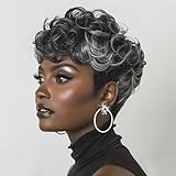 Pixie Cut Wig Short Curly Wigs for Black Women Black Mixed Grey Curly Wig with Bangs Afro Wigs for Black Women Natural Wavy Synthetic Wigs for Women (Black Mixed Grey)