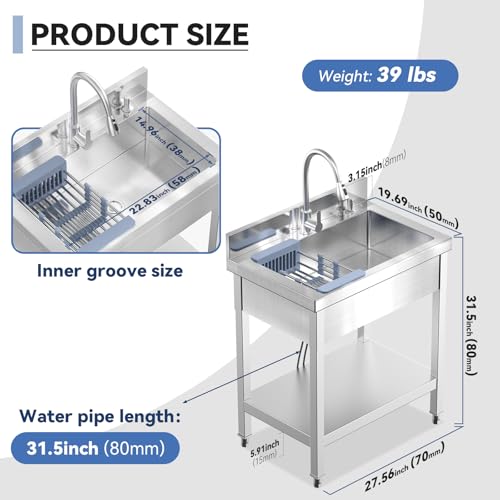 Image of Stainless Steel Utility Sink, 28 inch Commercial Kitchen Single Bowl Sink with Cold and Hot Water Faucet,Hoses and Drain Kit,Complete Base Plate for Kitchens, Bathrooms, Laundry Room