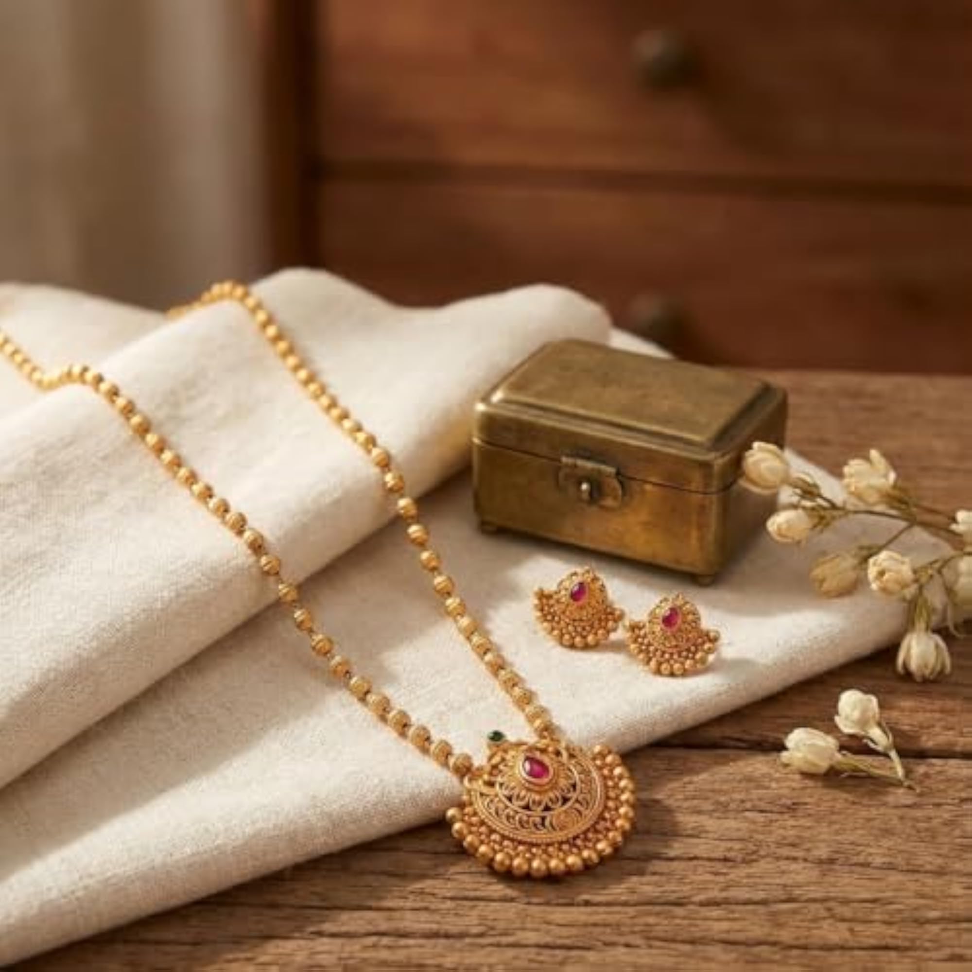 Golden Traditional Bormala Necklace Set with Matching Earrings