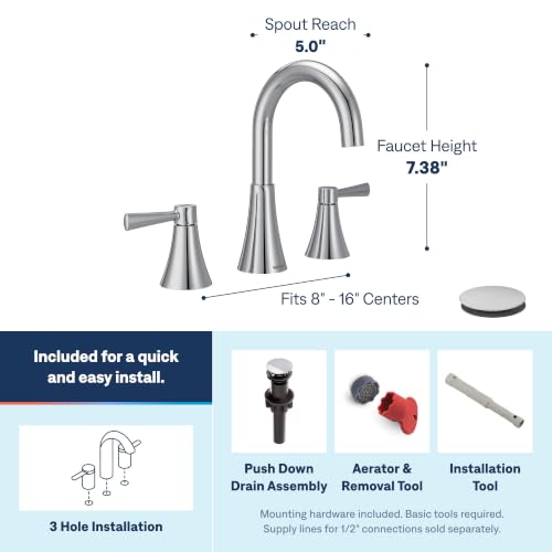 Image of Moen 84023 Ronan Two-Handle Widespread Bathroom Sink Faucet, Valve Included, Chrome, Modern 3-Hole Faucet with Push-Down Drain Assembly