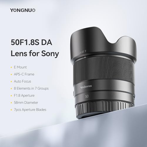 Image of YONGNUO 50mm F1.8S DA Lens for Sony E Mount, Auto Focus F1.8S Large Aperture APSC Frame Standard Prime Lens for Sony E-Mount Mirrorless Cameras (Black)