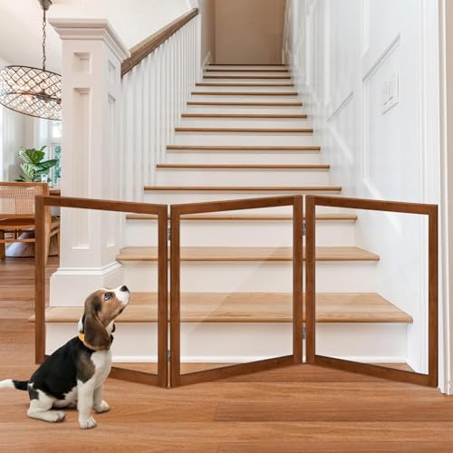 LZRS Clear Dog Gate for Indoor Use - Transparent Pet Fence with Solid Hardwood and Plastic Board, Stylish & Durable freestanding Pet Gate for Doorways, Stairs and Hallways-3 Panel Cherry