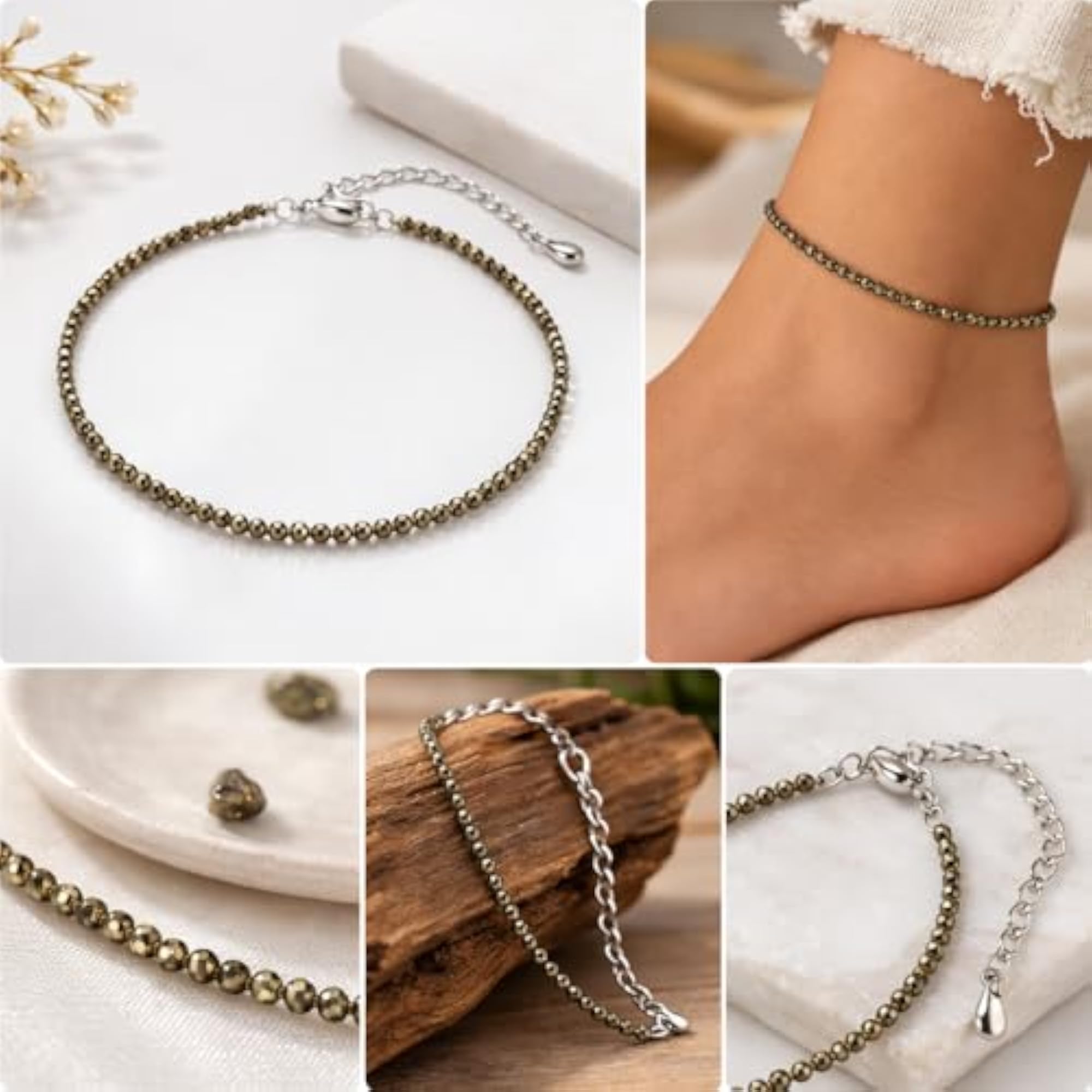Women's Natural Pyrite Crystal Adjustable Anklet