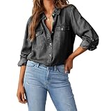 DESIGN : Chemises en jean pour femmes, couleur unie, boutonnage devant, col rabattu, manches longues, poches avant, coupe ample, confortable à porter ; hauts décontractés pour femmes ou adolescentes