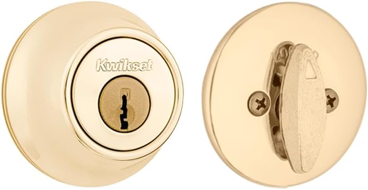 Cerradura de cerrojo Kwikset 660, puerta de entrada frontal con llave exterior redonda de latón pulido, cerrojo de un solo cilindro