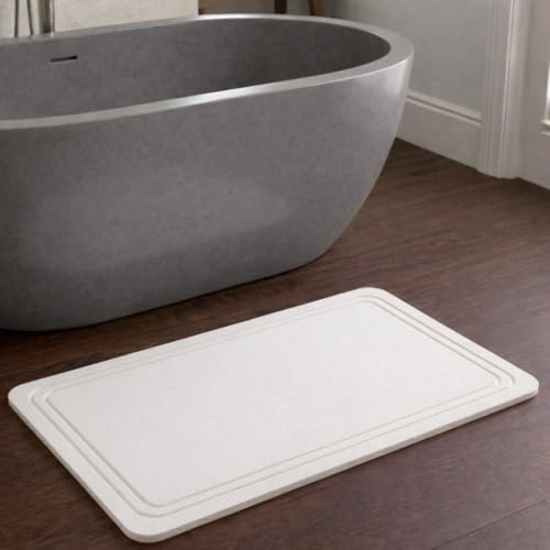 Pebble Nest Stone Bath Mat Diatomaceous Earth Quick Drying Non-Slip Bathroom Mat Absorbent Diatomite Shower Mat Durable & Easy to Clean Modern 23.6 x 15.3 (White - Linea)