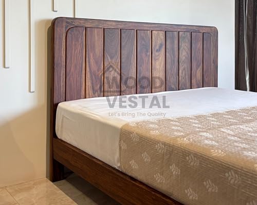 Image of Wood Vestal Sheesham Wood Bed with Vertical Slat Head & Foot, Solid Wood in Natural Finish, Modern Design | Queen Size - (78 inchx60 inch) | Without Mattress & Side Tables | Low Highted | VG - 5' - N
