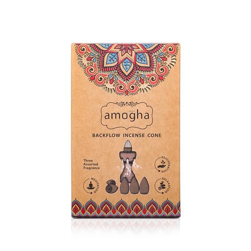 Image of Amogha Backflow Incense Cones | Pack of 40 | Long-Lasting Aromatic Cones for Meditation, Relaxation & Rejuvenation | 3 Fragrances | Stress Relief & Air Purification | Home & Office Use.