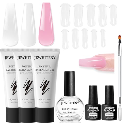 JEWHITENY Poly Extension Gel Nail Set Clear White Pink Poly Nail Gel With Base Coat Top Coat for Finger Art and Home DIY French Manicure Need U V Lamp Curing set1