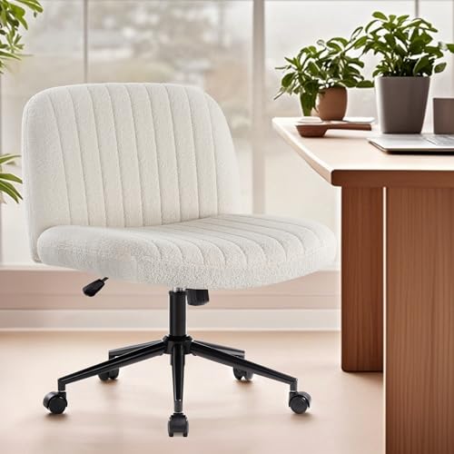 Image of IWMH Criss Cross Chair Cross Legged Office Chair with Wheels Armless Wide Seat Desk Chairs Height Adjustable Computer Task Chairs Swivel Vanity Chair for Home Office Bedroom Make Up Teddy Fabric White