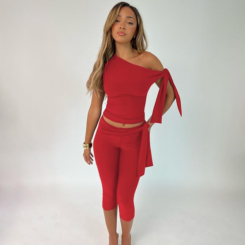 Women's 2 Piece Stretchy Bodycon Outfits Off Shoulder Solid Color Top And High Waist Capri Pants Set - Image 2