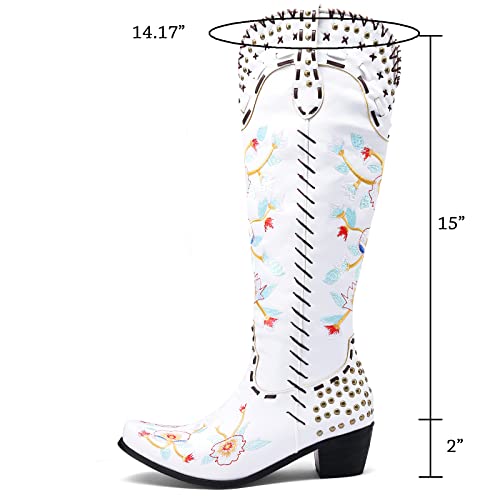 Image of YIYA Women's Star Cowboy Boots Black and White Cowgirl Boots with White Stars Pointed Toe Chunky Low Heel Pull-On Wide Calf Western Embroidered Boots