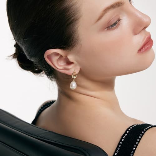 FarF&ME Pearl Earrings for Women,18K Gold Plated Statement natural freshwater Pearl Dangle Earrings, Lightweight Elegant Teardrop drop Earrings for women Wedding Party4