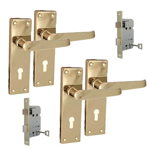 Brass Door Handles Interior Door Lock Handles - Victorian Straight Lock Handles and 3 Lever Mortise Sash Lock, Brass Door Handles, Back Plate, 150 x 42mm, Door Handles Multipack, Door Handles Set 2