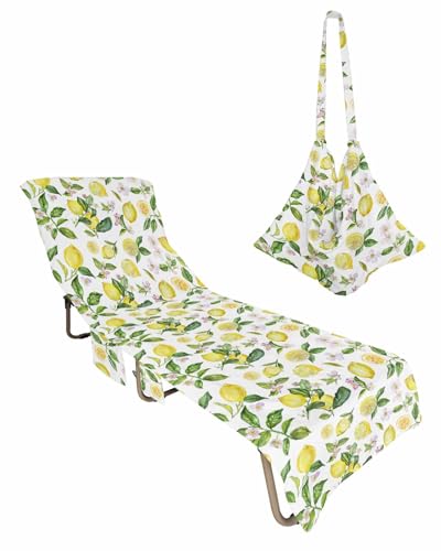 Summer Lemon Beach Lounge Chair Towel Cover, Soft Chaise Lounge Towel with Side Pockets Patio Pool Chairs Cover for Beach/Pool Sunbathing 29x85 Spring Floral Botanical Yellow Fruits