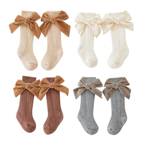 0-5T Baby Girl Knee High Socks with Velvet Bows 4 Pairs Cotton Rib Knit Long Socks Infants Toddlers