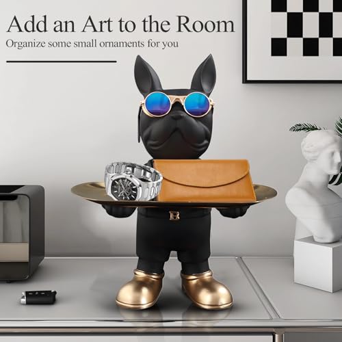 Huhote Bulldogge Skulptur Mit Tablett - Französische Bulldogge Deko, Hund Schlüssel Schale, Figur Statue für Flur, Wohnzimmer, Büro, Eingangsbereich, Desktop Ornament (Schwarz)
