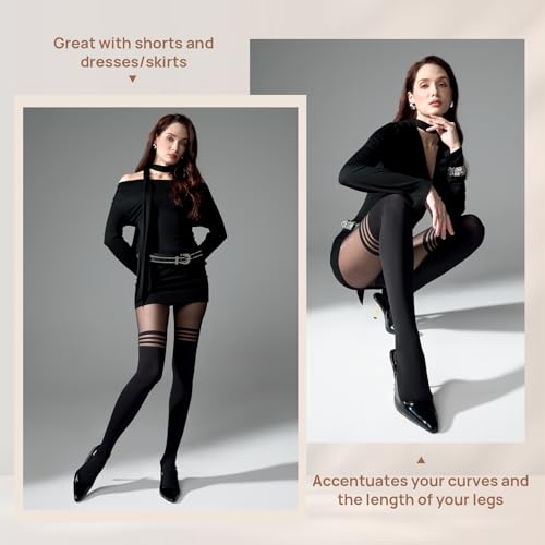 Image of MANZI Mock Suspender Pantyhose for Women Faux Thigh High Stockings Black Over the Knee Goth Sparkly Tights