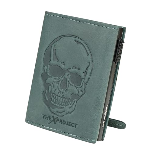 Image of The X Project Genuine Leather Wallet for Men | RFID Blocking Slim Bifold Wallet | Quick Card Eject Mechanism | Coin Pocket & ID Window | Premium Gift Box | Bold Skull Design (Blue)