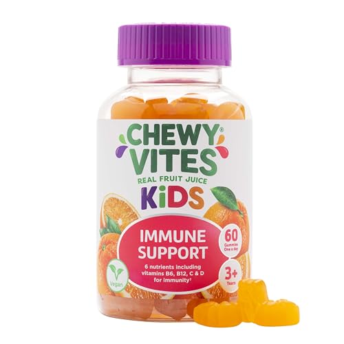 Chewy Vites Kids Immune Support, 60 Kids Vitamins Gummies, High Strength Vitamin D, Vit C, B6, B12, Zinc, Selenium, 2 Months Supply, Real Fruit Juice, Vegan, Age 3 +, Orange Flavour