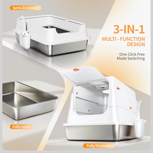 Image of Stainless Steel Cat Litter Box with Lid, Enclosed Extra Large Metal Litter Pan for Big Cats, Full Flip Cover High Sided LitterBox Include Scoop, Easy Cleaning, Non-Stick, White