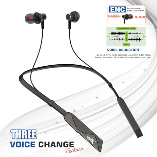 Image of Unix Elite 1 Charm Wireless Neckband | ENC Bluetooth Headset with Voice Changer (4 Modes) | 48H Playtime | Deep Bass | Magnetic Earbuds | Sweat Resistant | Stylish Neckband with Mic (Black)