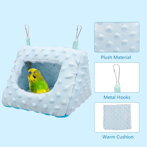 Image of Litewoo Winter Warm Plush Hanging Bird Nest Hammock for Parrots (Blue) | Warm plush, removable cushion, easy clean, metal hooks, for parakeets /cockatiels /budgies /lovebirds /finches, 7.1x6.3x5.5in