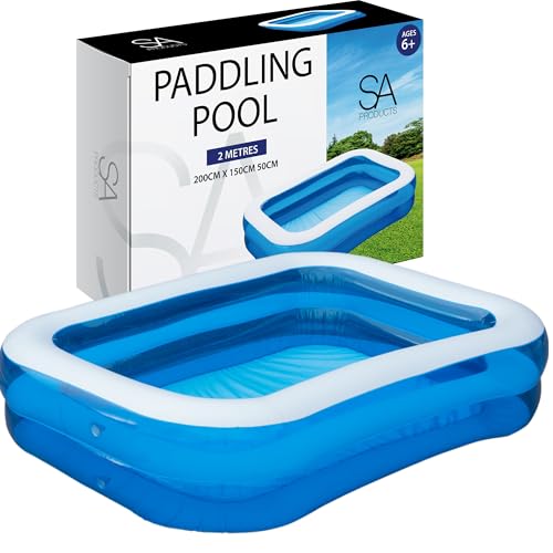 SA Products Paddling Pool 2M Inflatable Swimming Pool Large PVC Rectangular Family Garden Pool for Kids & Adults Outdoor Summer Water Play Backyard with Repair Patches (197 x 145 x 51cm)